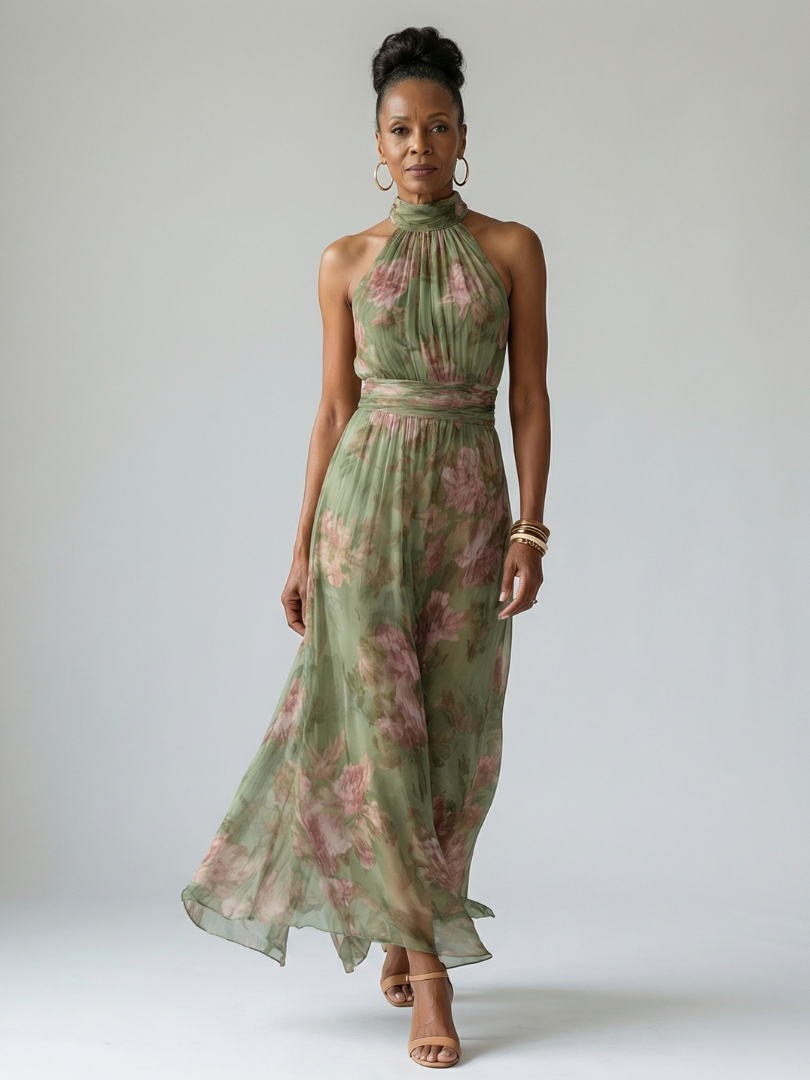 Vestido Largo Floral Verde de Cuello Halter