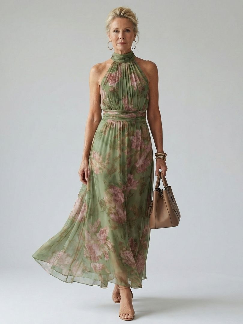 Vestido Largo Floral Verde de Cuello Halter
