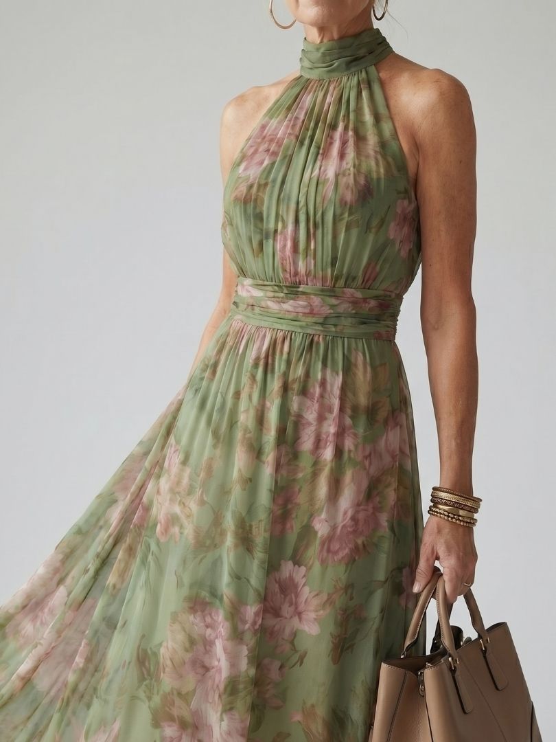 Vestido Largo Floral Verde de Cuello Halter