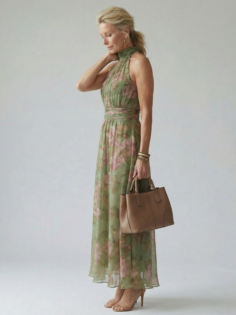 Vestido Largo Floral Verde de Cuello Halter