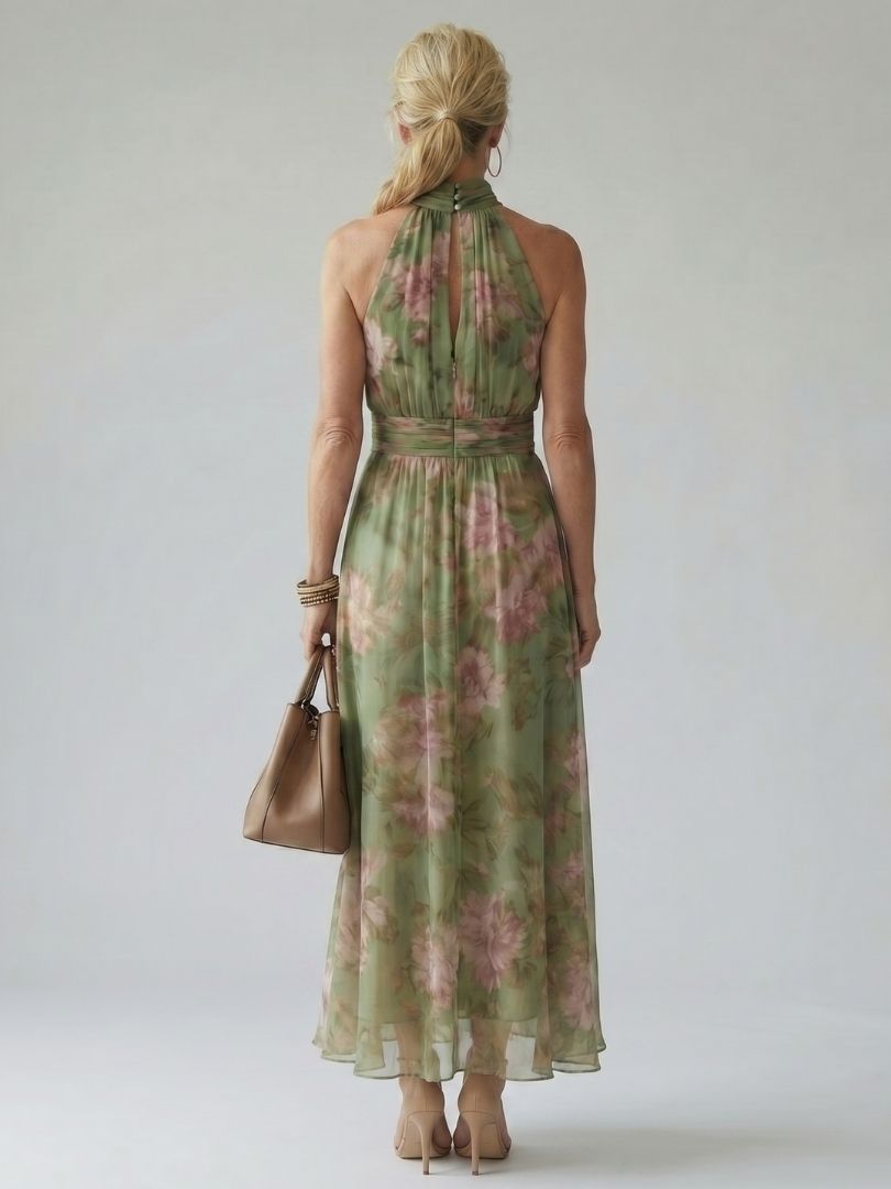 Vestido Largo Floral Verde de Cuello Halter