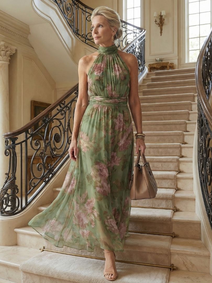 Vestido Largo Floral Verde de Cuello Halter